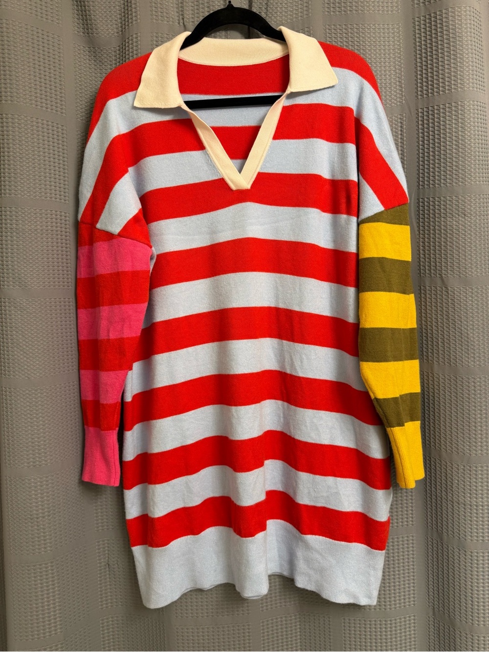 LifeShe Striped Collared Knit Oversized Sweater Dress - Red, Blue, Pink & Yellow
